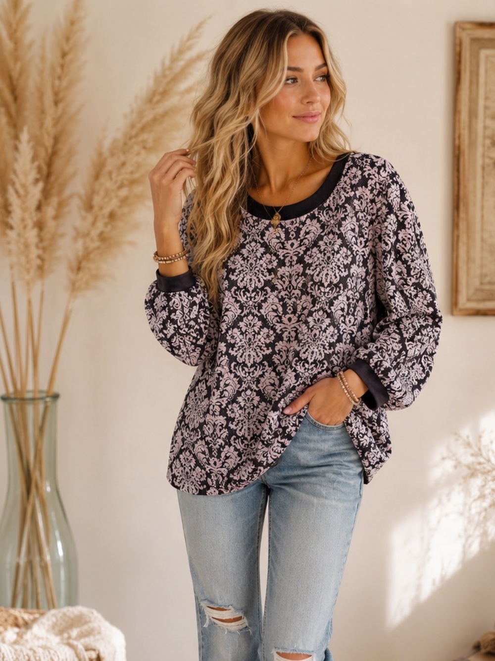 Umgee Black and Cream Floral Long Sleeve Top
